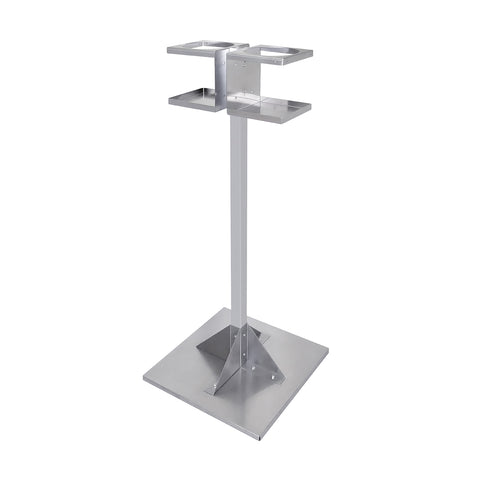 freestanding stainless steel stand that holds two one-gallon jugs of hand sanitizer