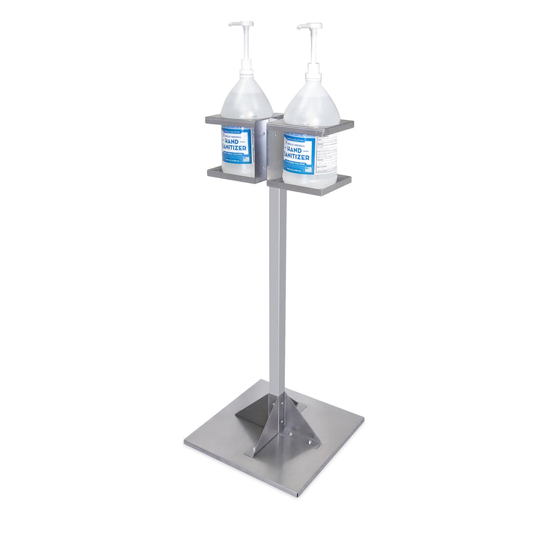 freestanding stainless steel stand pictured with two one-gallon jugs of hand sanitizer