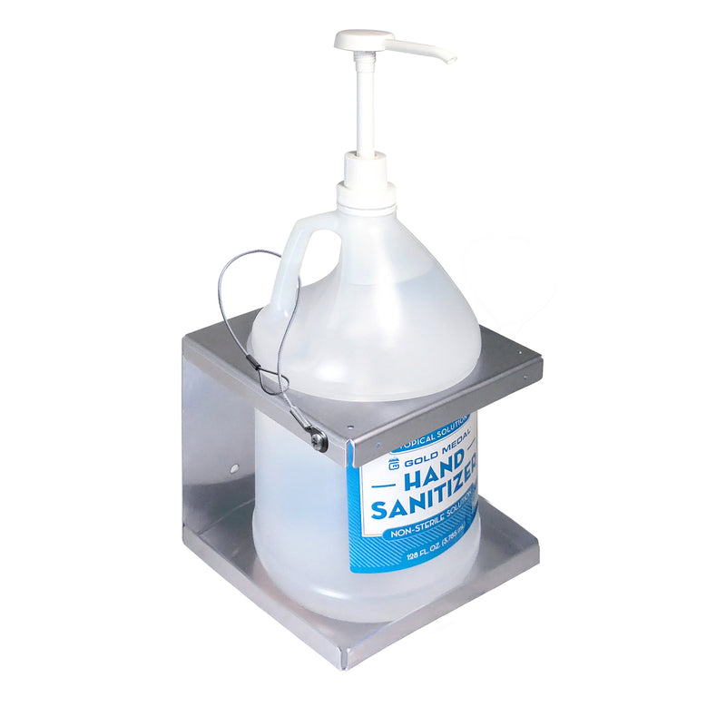 one-gallon jug of hand sanitizer sitting inside stainless steel wall mount unit
