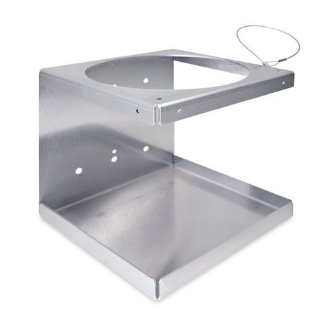 stainless steel wall mount unit that can hold a one-gallon jug of hand sanitizer