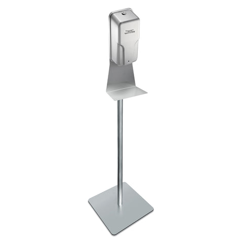 stainless steel floor stand shown with automatic hand sanitizer dispenser and drip tray mounted