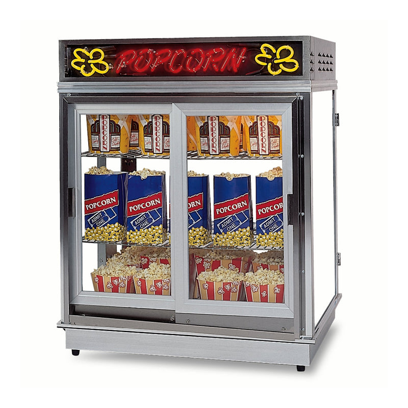 Large popcorn staging cabinet with three shelves and self serve doors