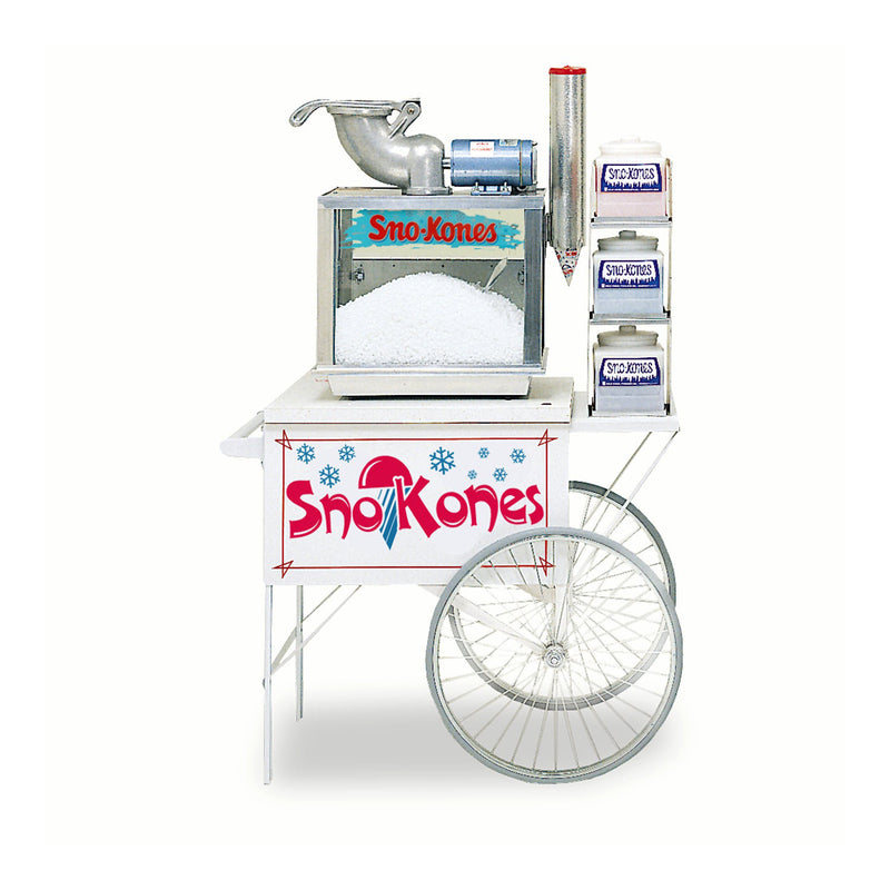 old fashioned white Sno-Kone cart with two wheels