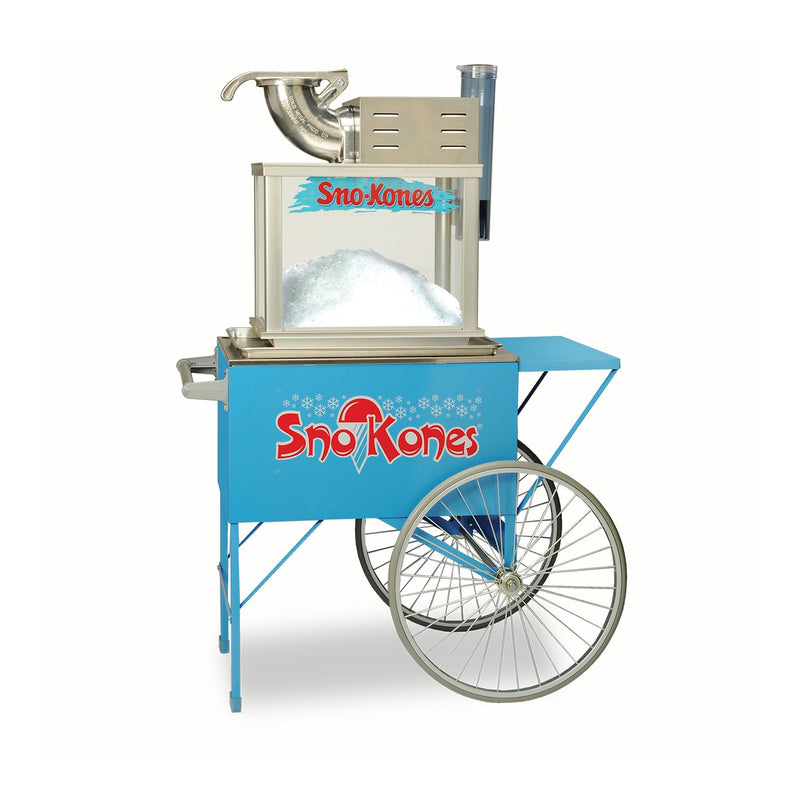 old fashioned blue Sno-Kone cart with two wheels