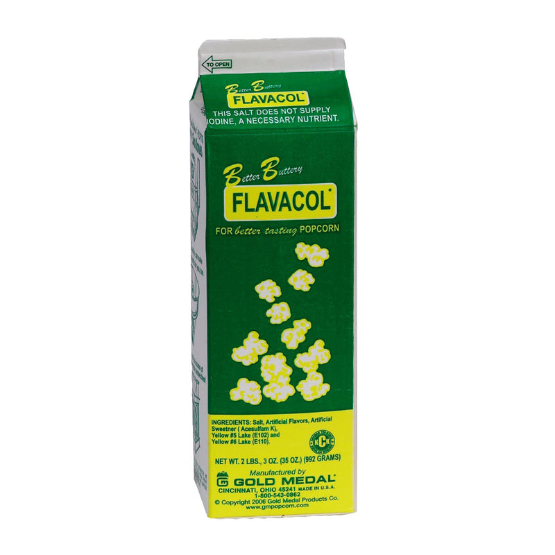 green carton with popcorn graphics labeled Better Buttery Flavacol