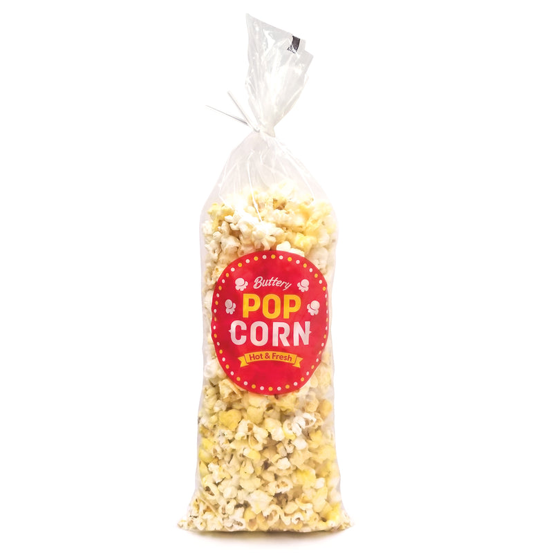 clear poly bag with red buttery popcorn graphic