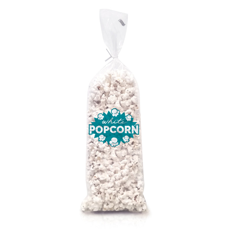 clear poly bag with teal white popcorn graphic