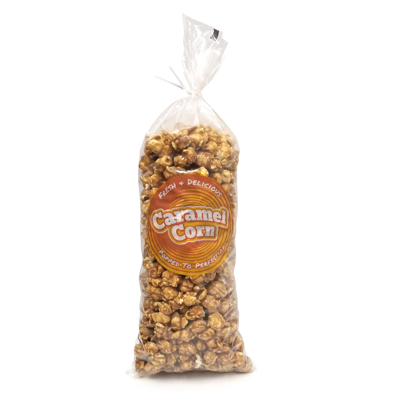 clear poly bag with brown caramel corn graphic