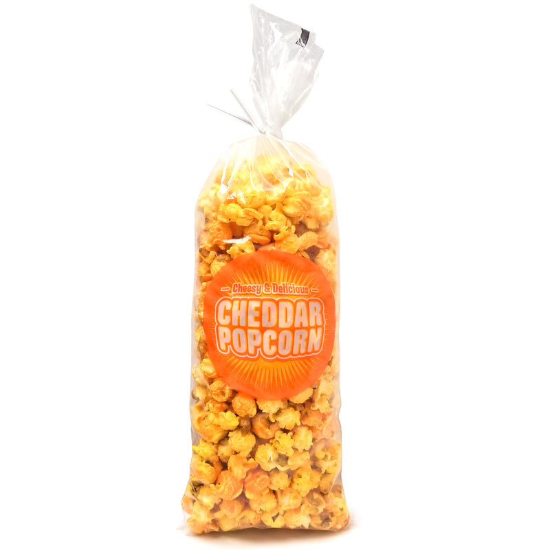 clear poly bag with orange cheddar popcorn graphic