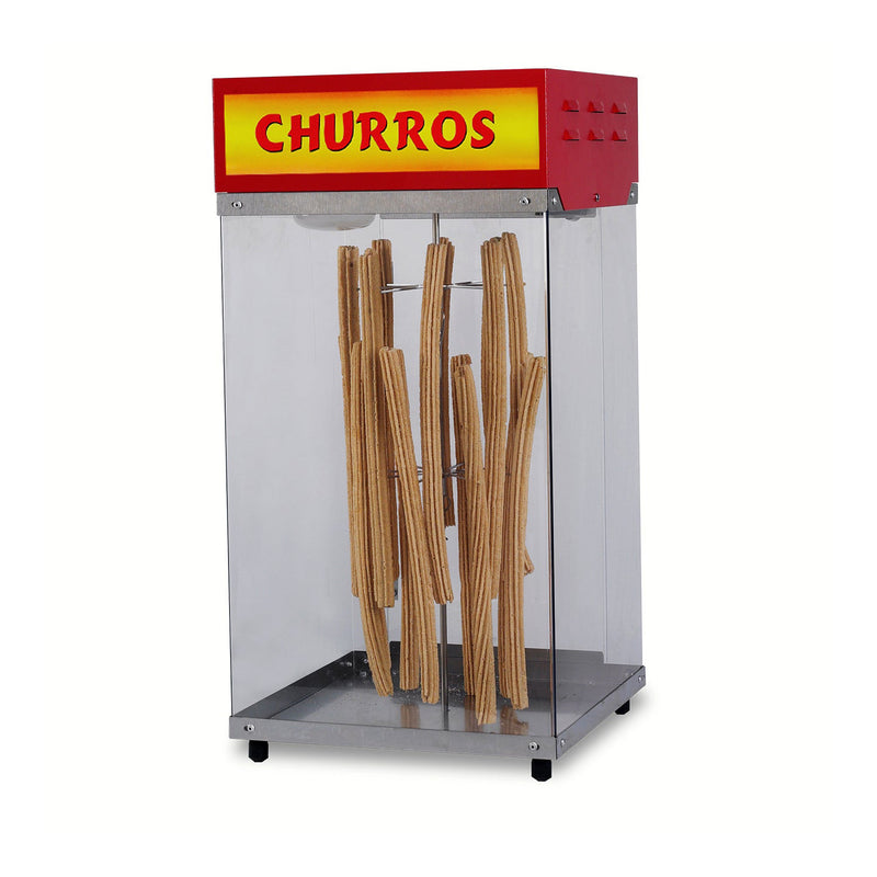 lighted cabinet and merchandiser with churros hanging on display