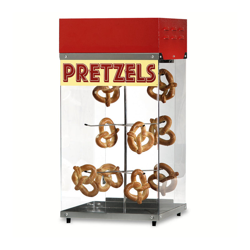 stainless steel display cabinet with pretzels hanging on display