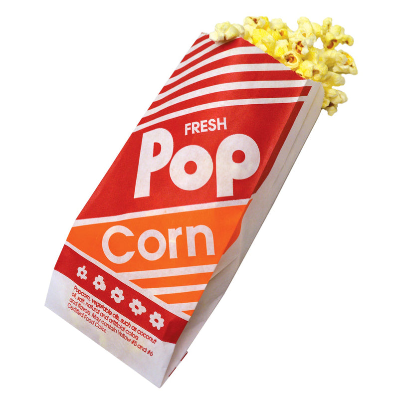 red, white, and yellow striped popcorn bag