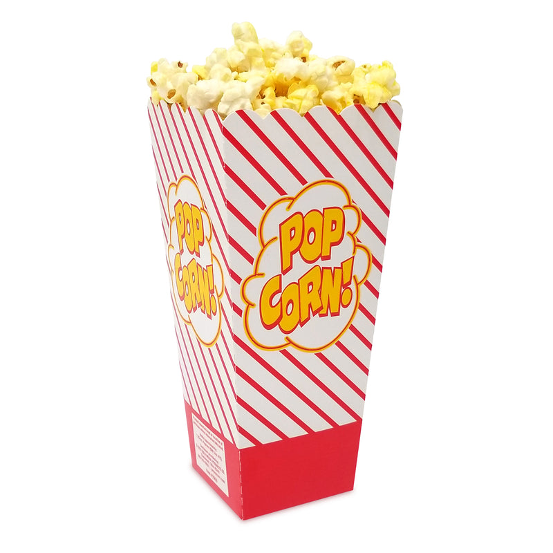 red-striped popcorn box filled with popcorn