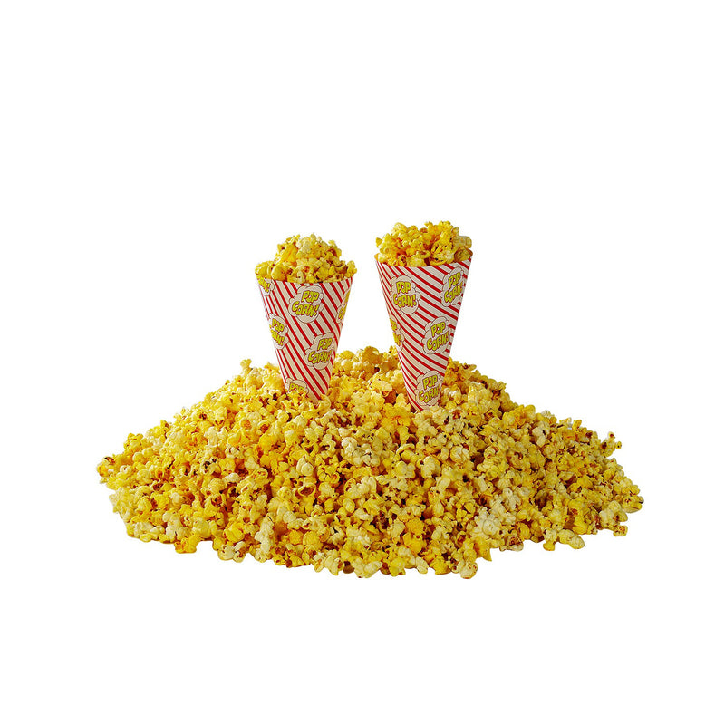 two red-striped popcorn cones in pile of popcorn