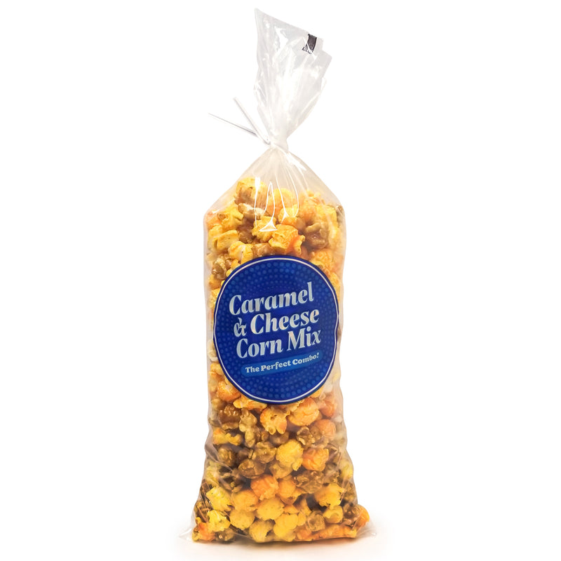 clear poly bag with blue caramel and cheese corn mix graphic