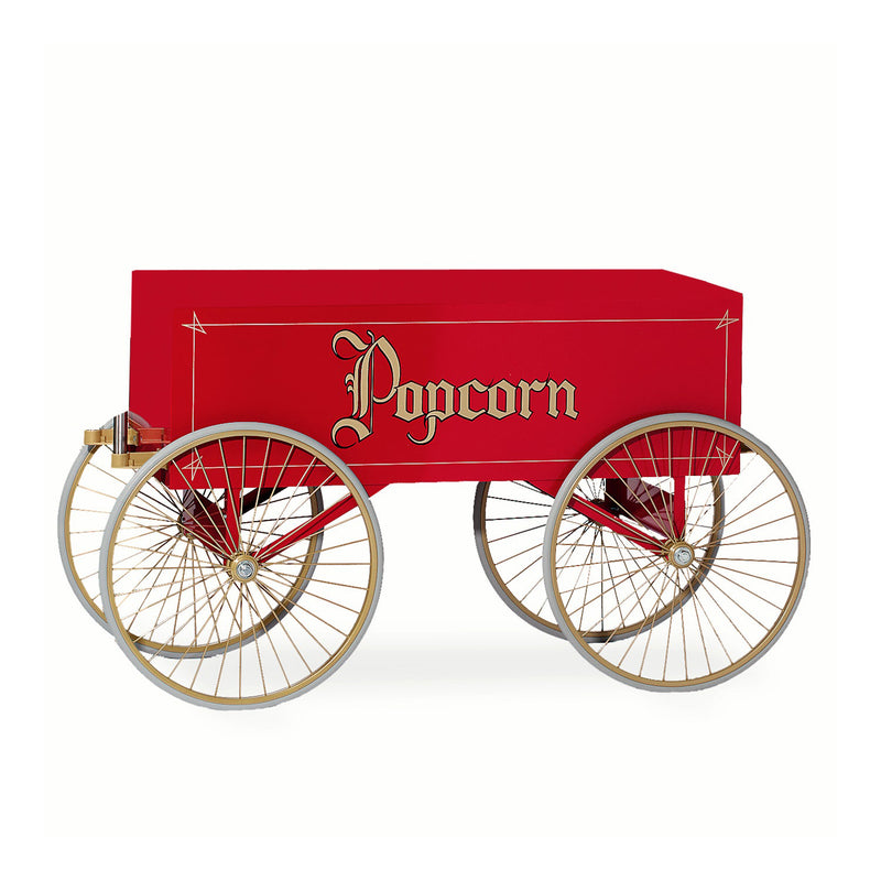 red four-wheeled popcorn wagon/cart 