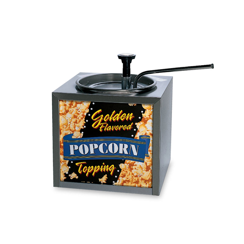 Popcorn topping dispenser with push-top pump, holds up to one gallon of topping
