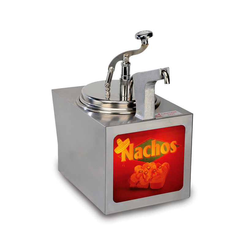 Nacho cheese dispenser with pump and heated spout, includes lighted sign