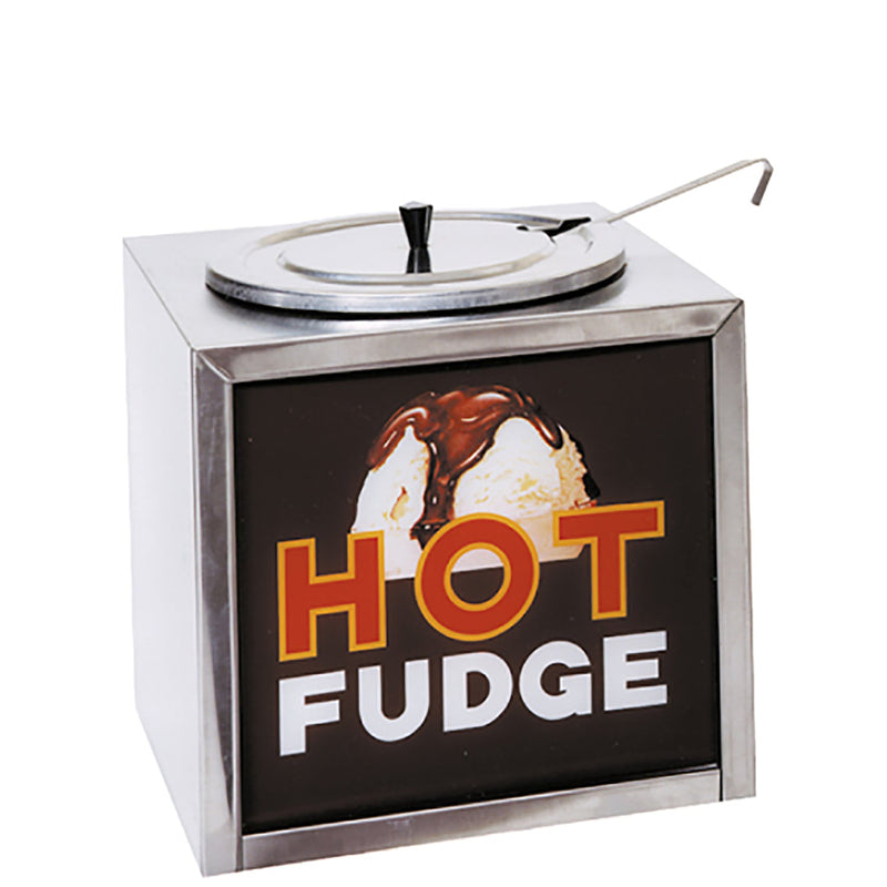 Hot fudge dispenser and warmer with dipper and lighted sign