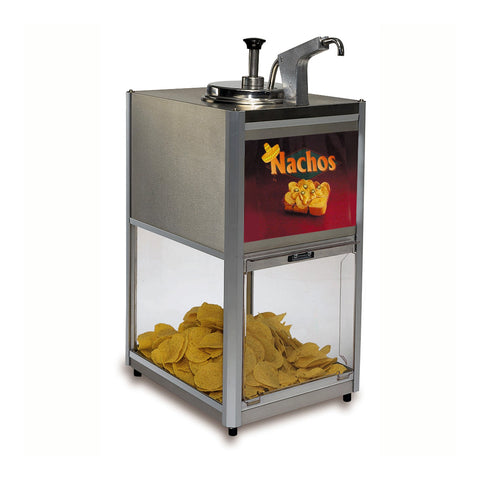 Combo unit with nacho cheese warmer stacked on top of nacho chips warmer