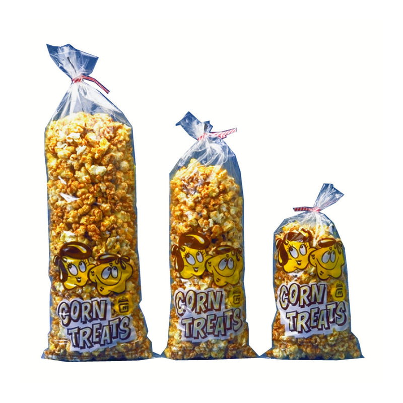 clear caramel corn bags with Corn Treats logo and cartoon popcorn graphics