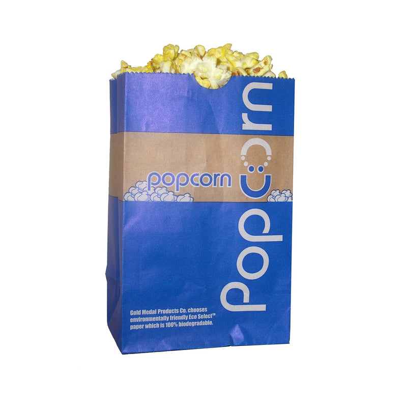 blue and brown eco popcorn bag