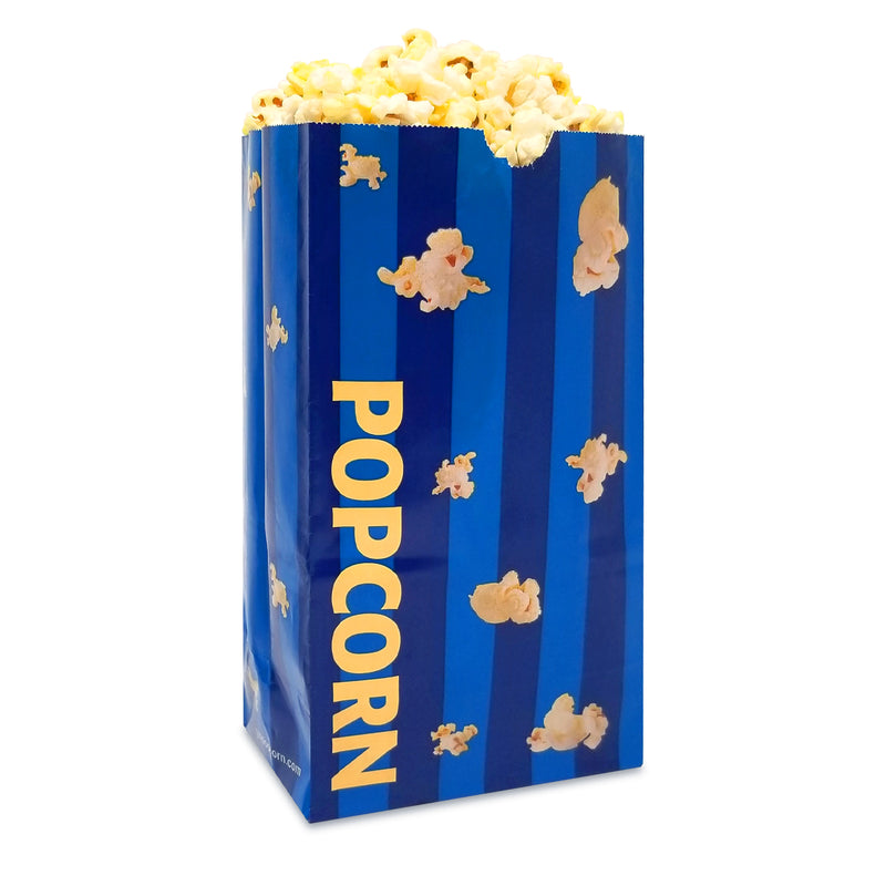 dark blue and light blue striped popcorn bag filled with popcorn