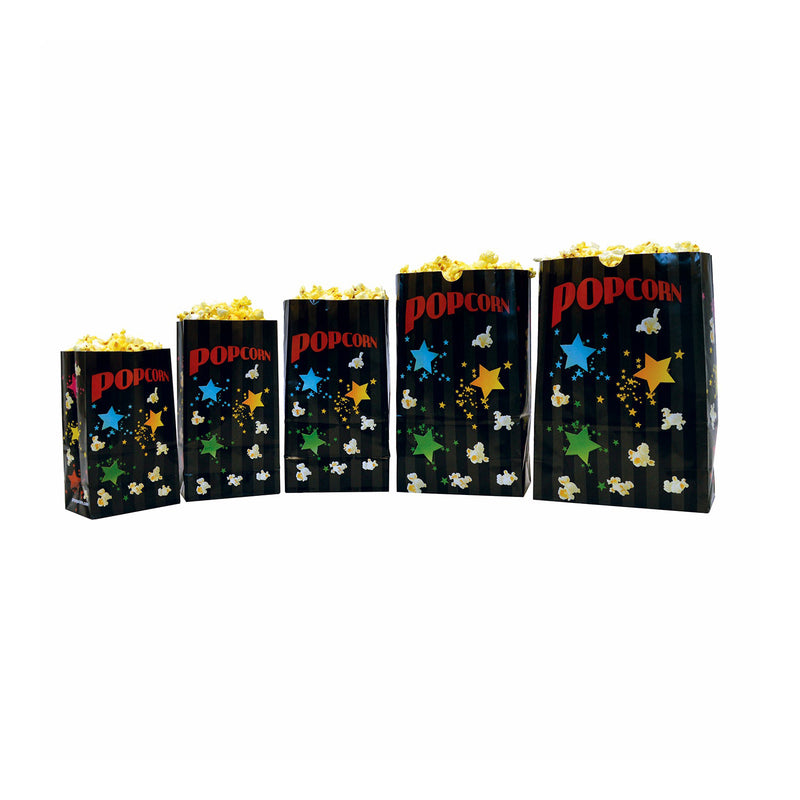black popcorn bags with red popcorn text, stars, and popcorn graphics