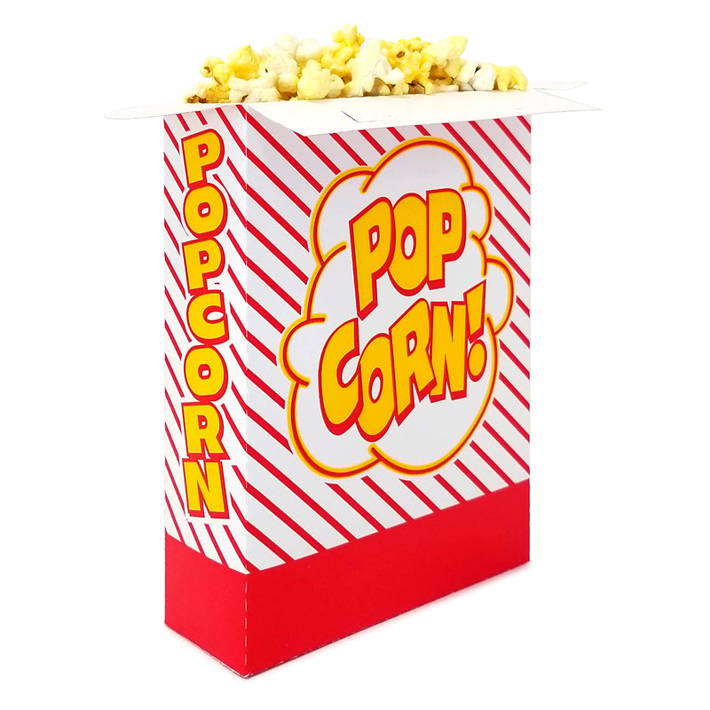 diagonal red striped popcorn box filled with popcorn