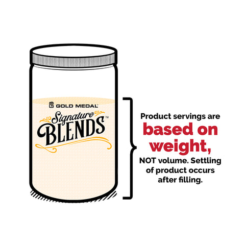 Graphic depicting product servings are based on weight, not volume. Settling of product occurs after filling.