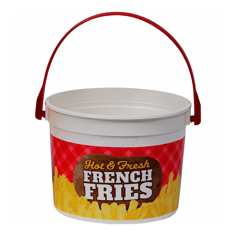 plastic french fry bucket with red background and french fry graphics