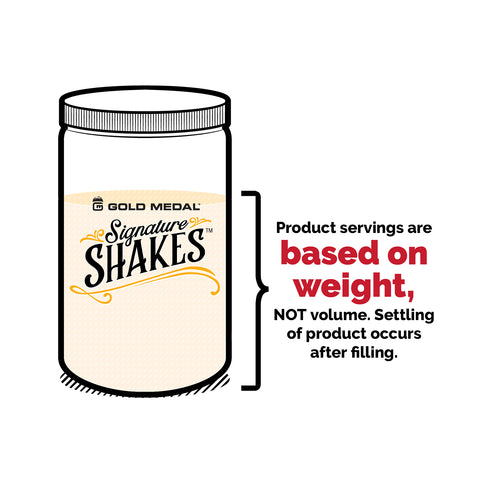 Graphic depicting product servings are based on weight, not volume. Settling of product occurs after filling.