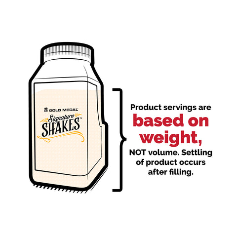 Graphic depicting product servings are based on weight, not volume. Settling of product occurs after filling.