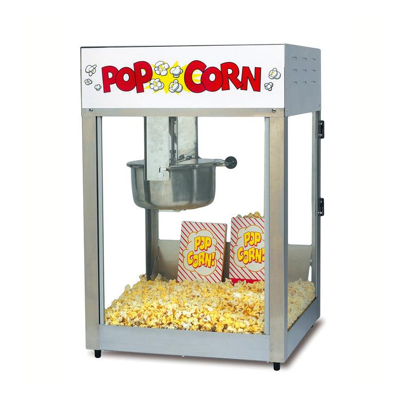8-ounce popper with removable glass panels, stainless steel cabinet, and lighted sign
