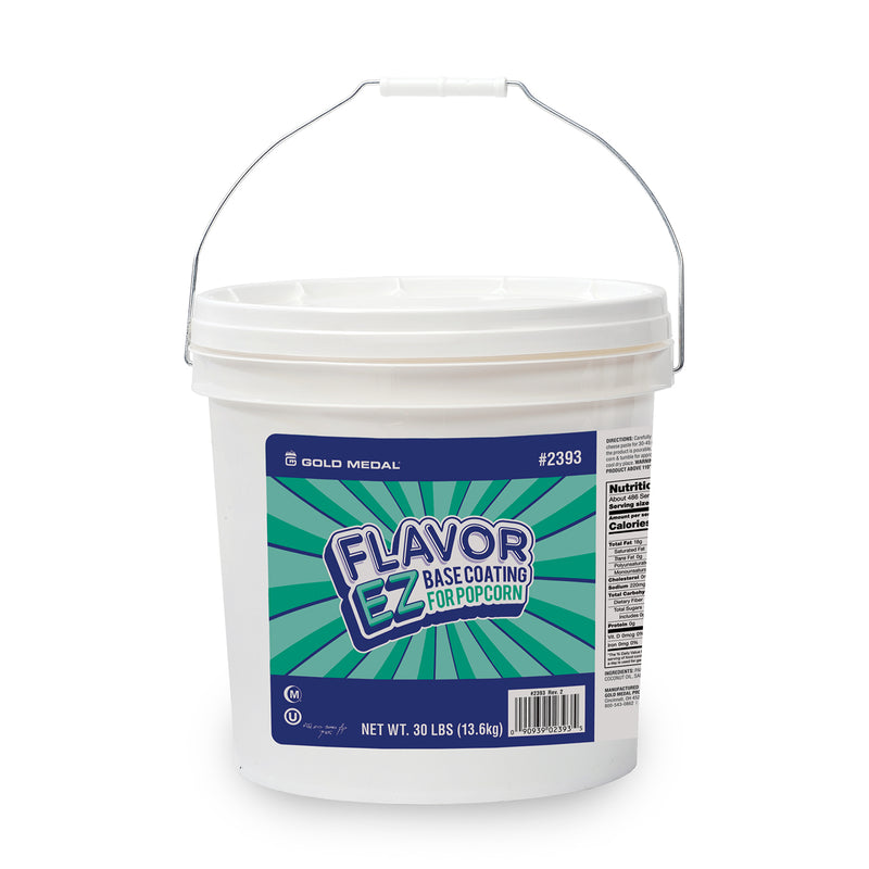 white tub with green and blue label of Flavor EZ base coating for popcorn