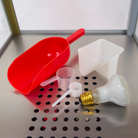 scoops, measuring cups, and light bulb included with popper