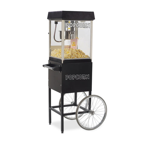 black elegantly styled 4-ounce popper with silver posts shown displayed on #2649MD black, two-wheeled popcorn cart