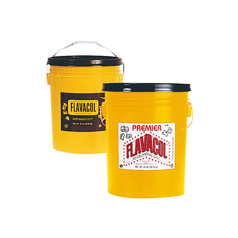 yellow pail of Premier Flavacol seasoning salt