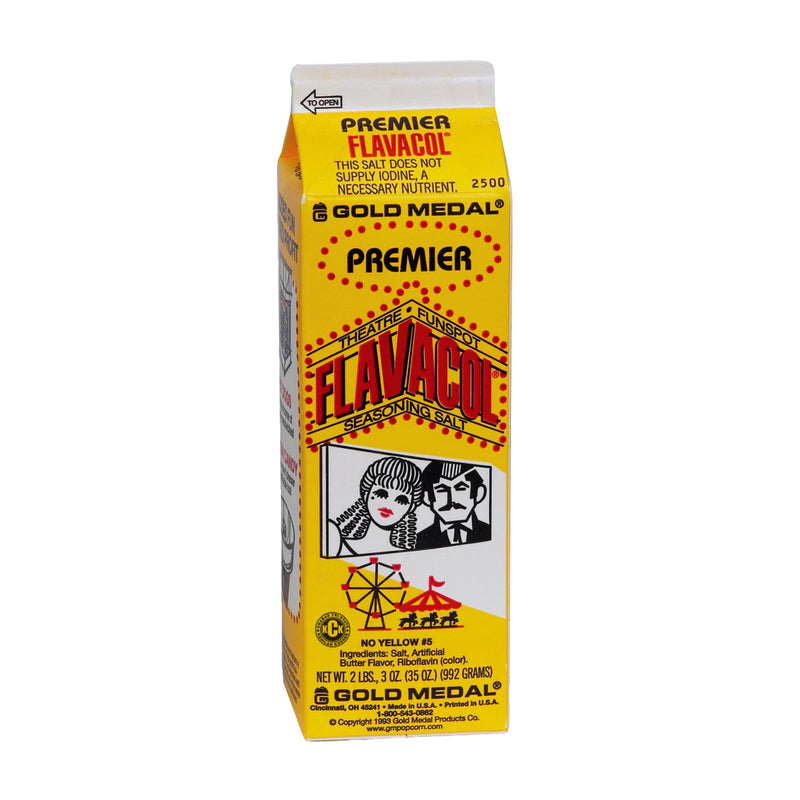 yellow carton of Premier Flavacol seasoning salt
