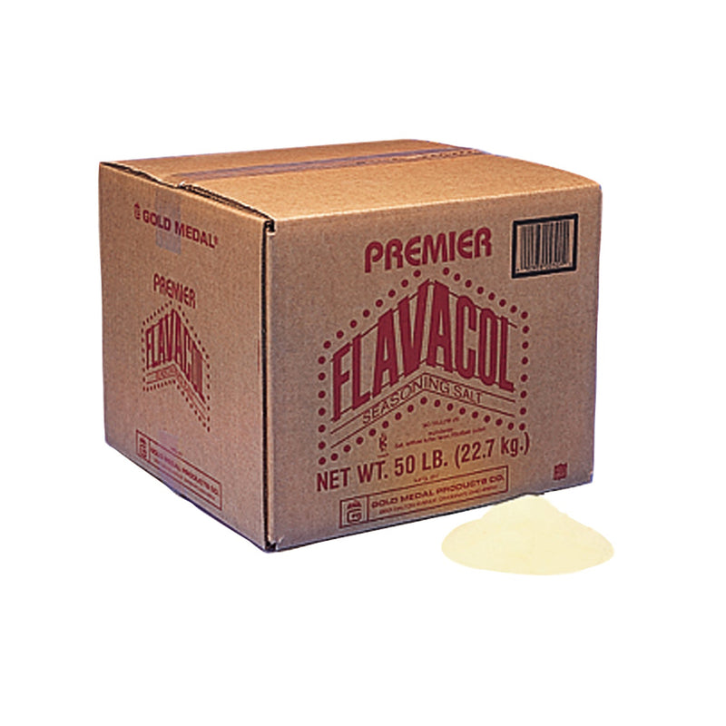 brown cardboard box of Premier Flavacol seasoning salt