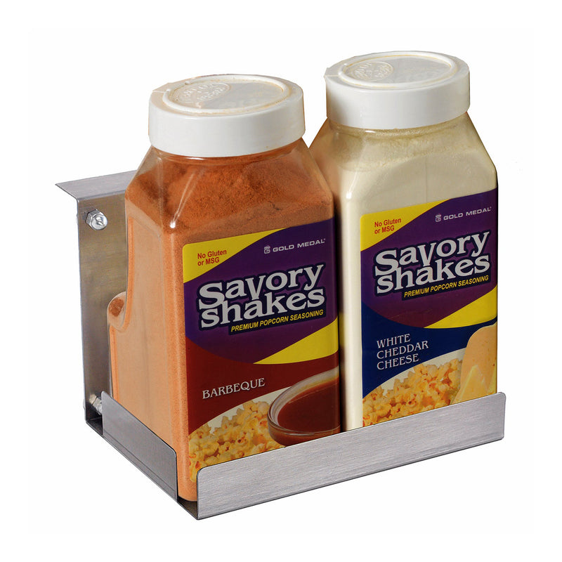 small shelf that holds two Signature Shakes shaker bottles