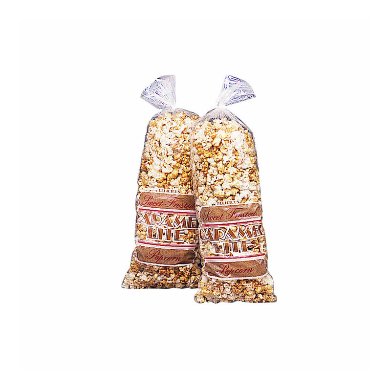 clear plastic bags filled with caramel corn, labeled Sweet Frosted Caramel Lite Popcorn