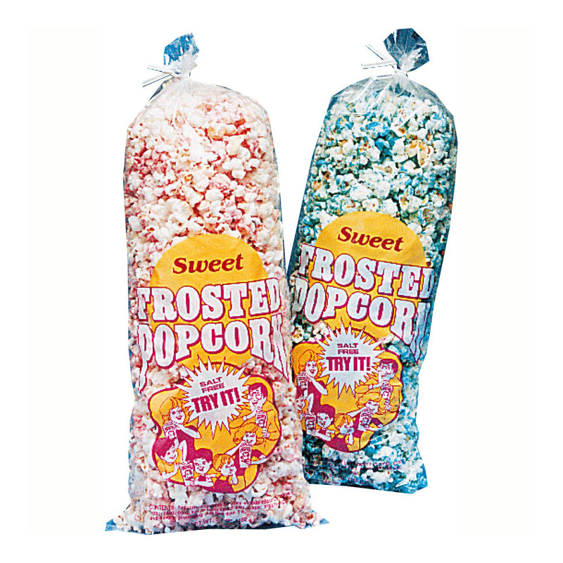 16-inch clear plastic bags filled with frosted popcorn, labled Sweet Frosted Popcorn with cartoon family graphic