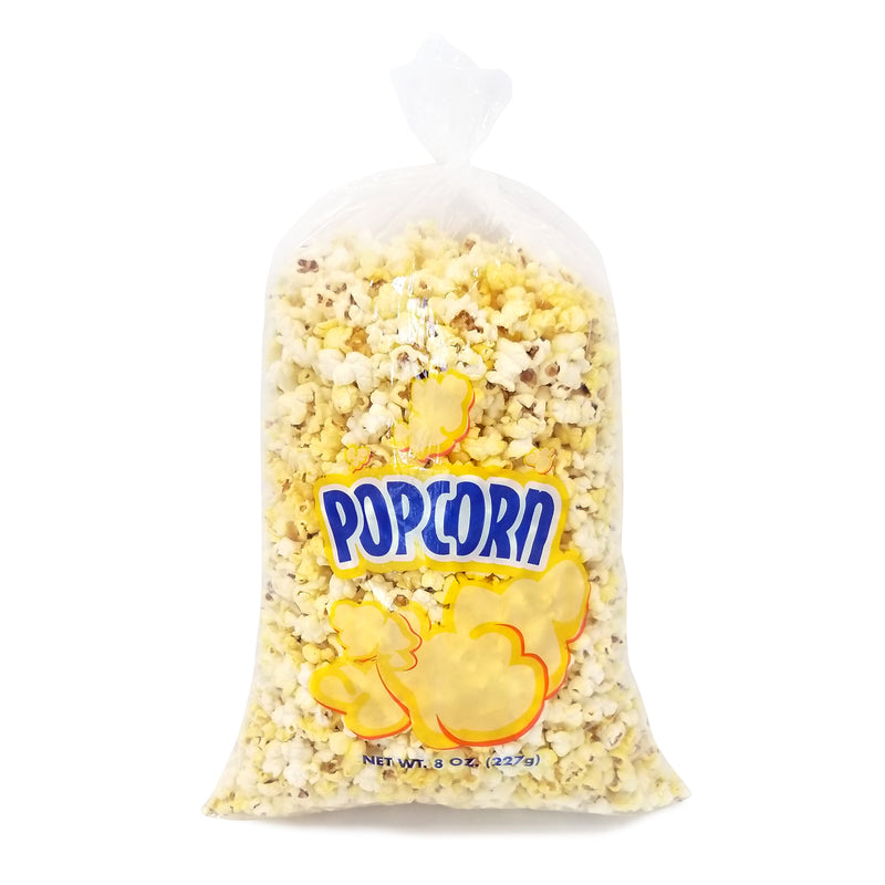front view of 8-ounce clear popcorn bag with blue type and popcorn graphics filled with popcorn