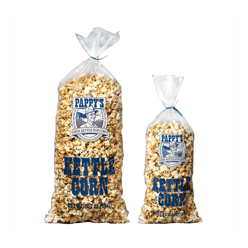clear plastic bags filled with kettle corn, labeled Pappy's Kettle Corn in blue type with farmer graphic