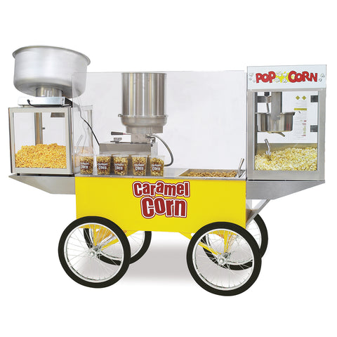 large yellow merchandising wagon with red Caramel Corn logo, shown with cooker mixer and popper