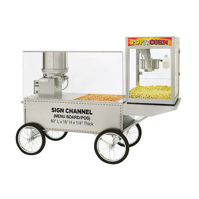 large metal merchandising wagon with room for sign/menu board, shown with cooker mixer and popper