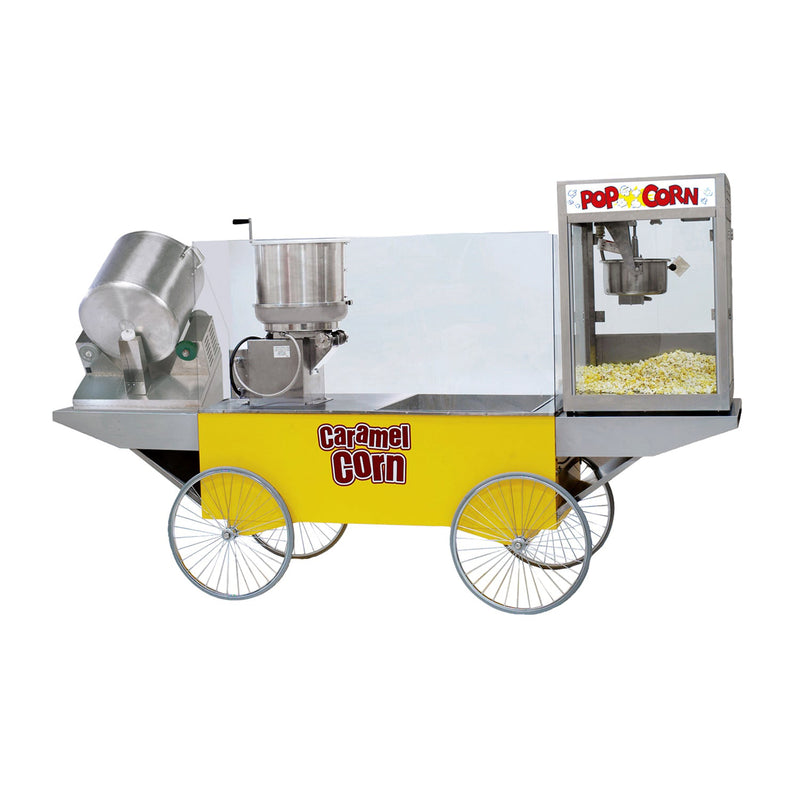large yellow merchandising wagon with red Caramel Corn logo, shown with cooker mixer, cheese tumbler, and popper