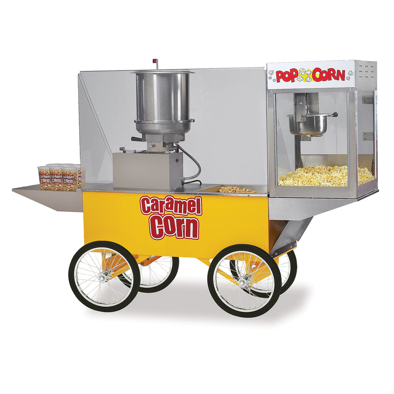large yellow merchandising wagon with red Caramel Corn logo, shown with cooker mixer and popper