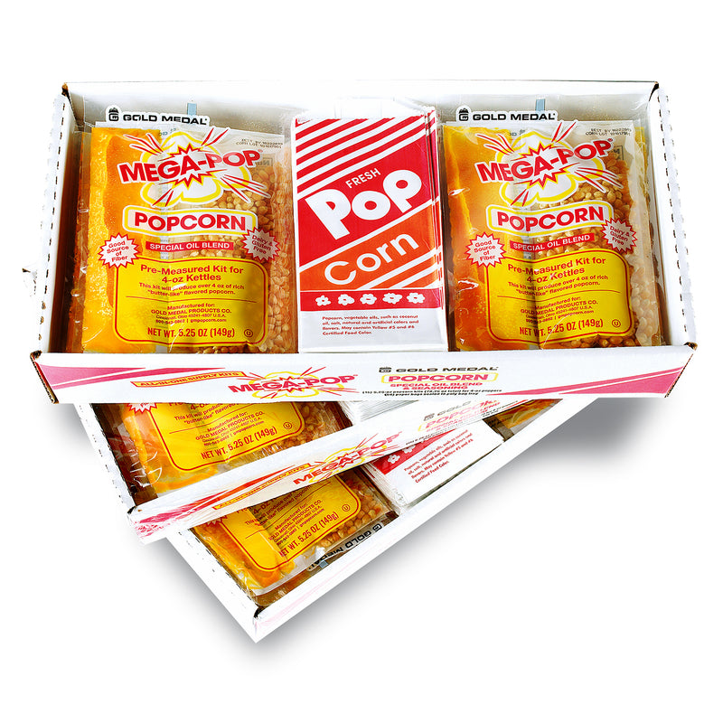 package containing 4-oz popcorn kits and red and orange striped popcorn bags
